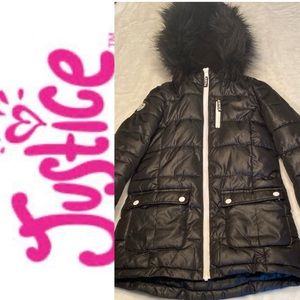 Justice Black Puffer Jacket with Faux Fur Hood